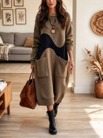 Women's Khaki Colorblock Sweatshirt Dress with Pockets and Abstract Wave Panel