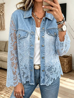 Women Lace Spliced Denim Jacket Stand Collar Button Down Long Sleeve Ruffle Trim Outerwear