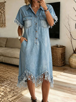 Women's Frayed Tassel Hem Short Sleeve Denim Shirt Dress With Pockets