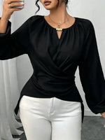 Retro Elegant Solid Color Round Collar Casual Long Sleeve Wrap Stylish Shirt