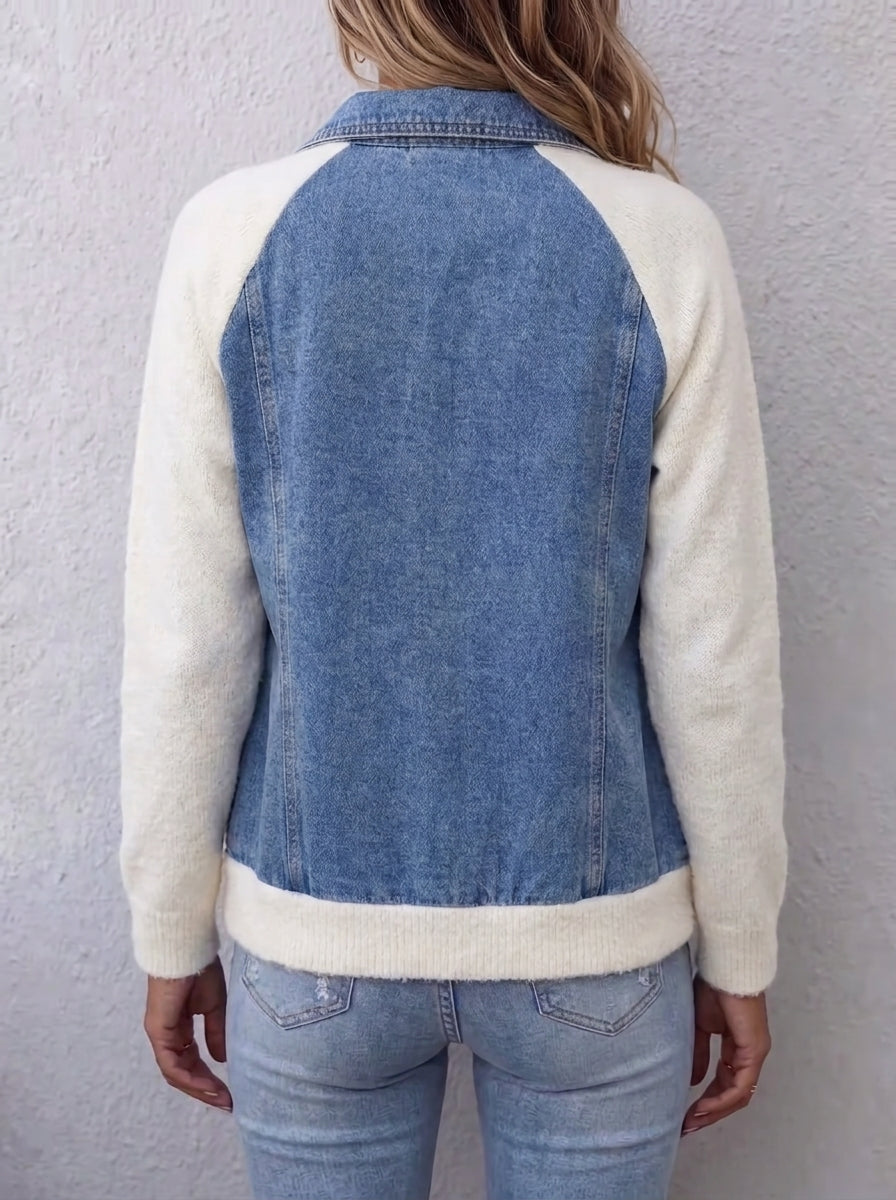 Women Denim Fleece Splice Zip‑Up Jacket Raglan Long Sleeve Bomber Coat With Chest Pockets