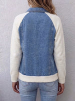 Women Denim Fleece Splice Zip‑Up Jacket Raglan Long Sleeve Bomber Coat With Chest Pockets