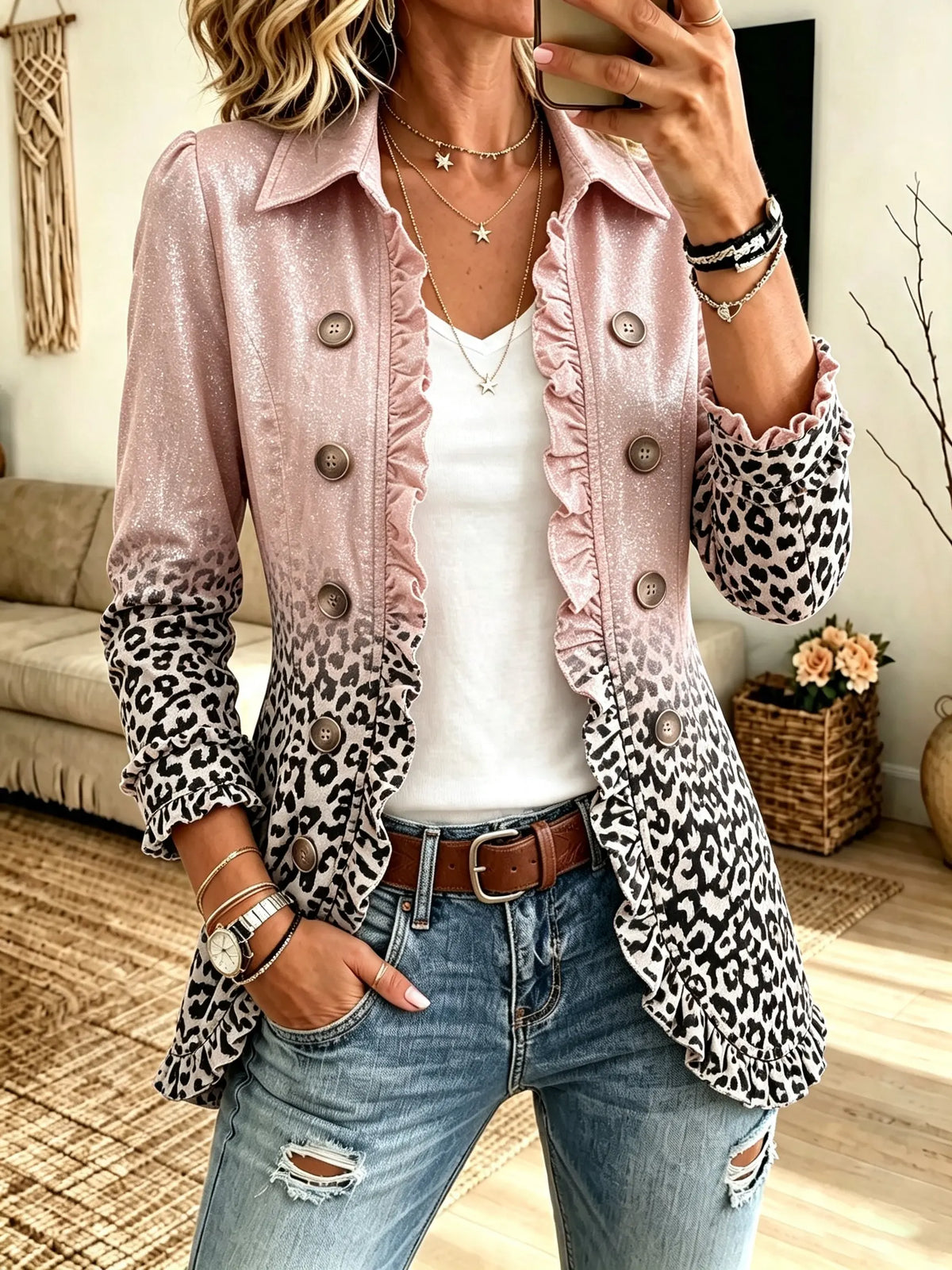 Women's Glitter Ombre Leopard Ruffle Jacket