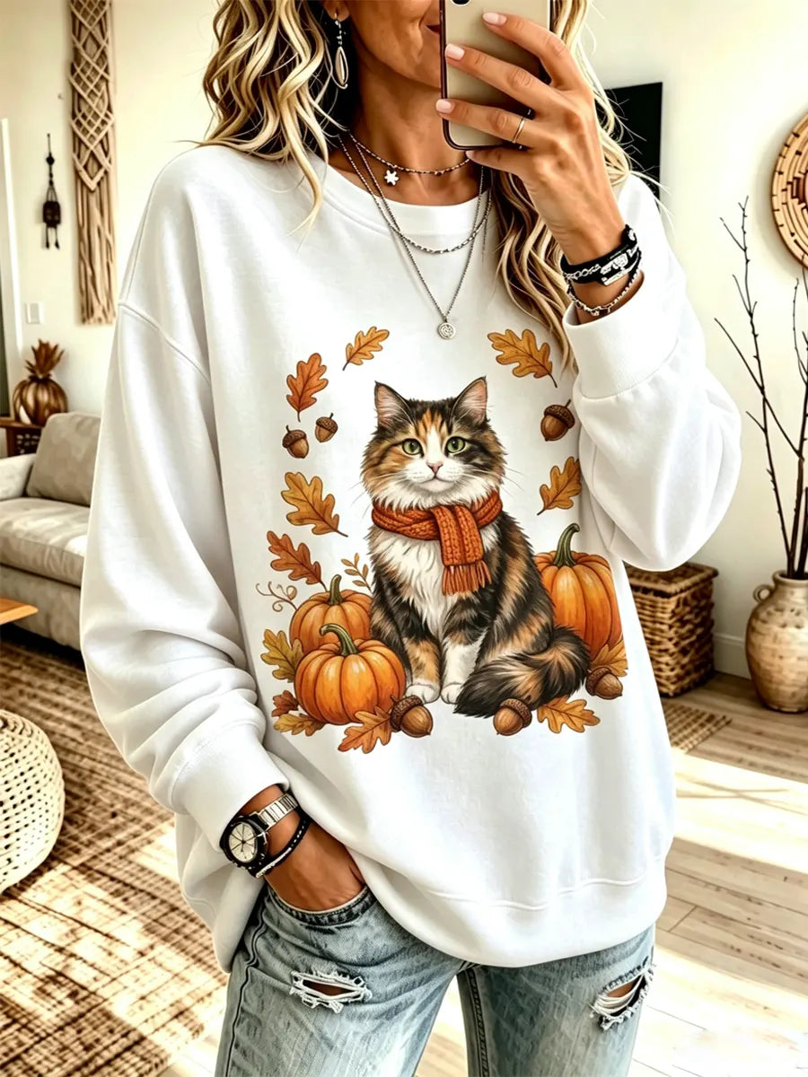 Funny Cat Pumpkin Pattern Art Print Casual Long Sleeve Sweatshirt