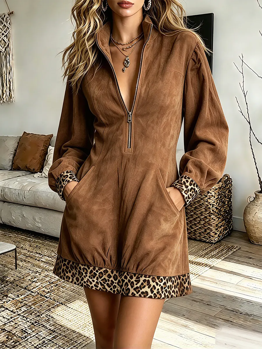 Vintage Elegant Suede Patchwork Leopard Dress