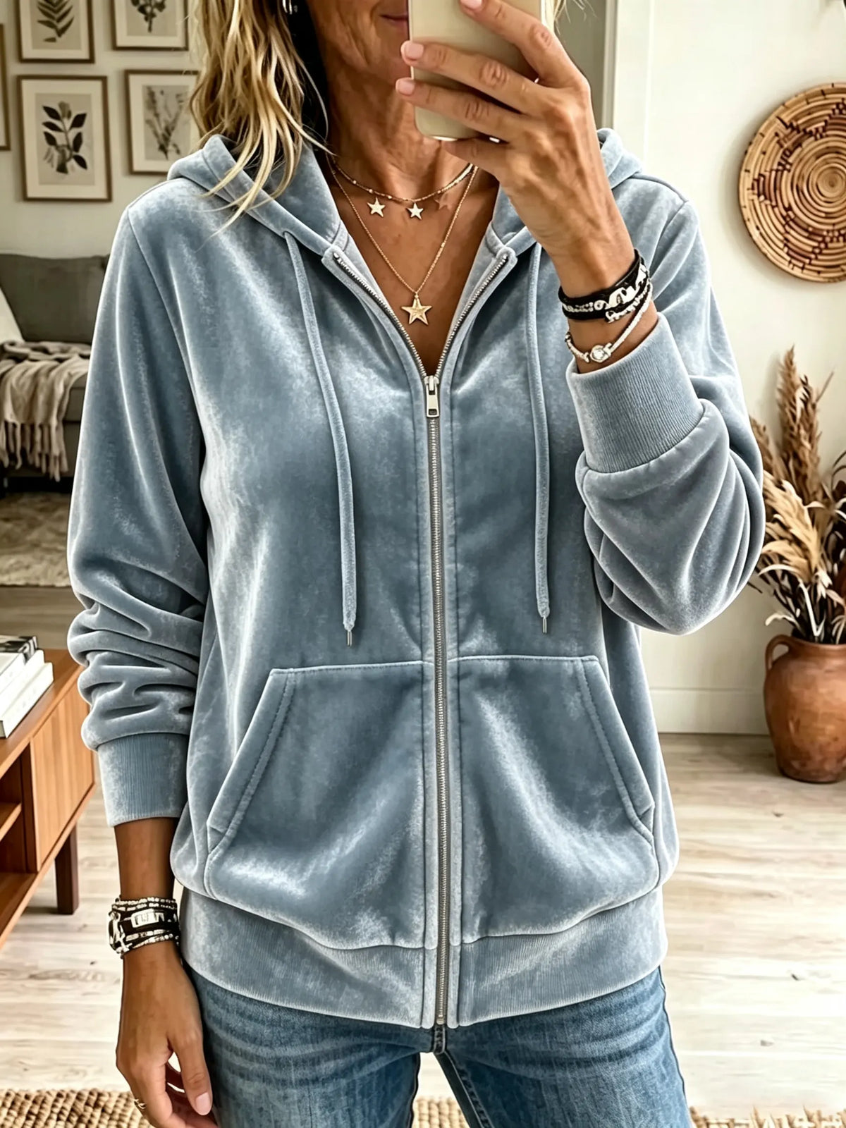 Women's Velvet Zip-Up Hooded Jacket