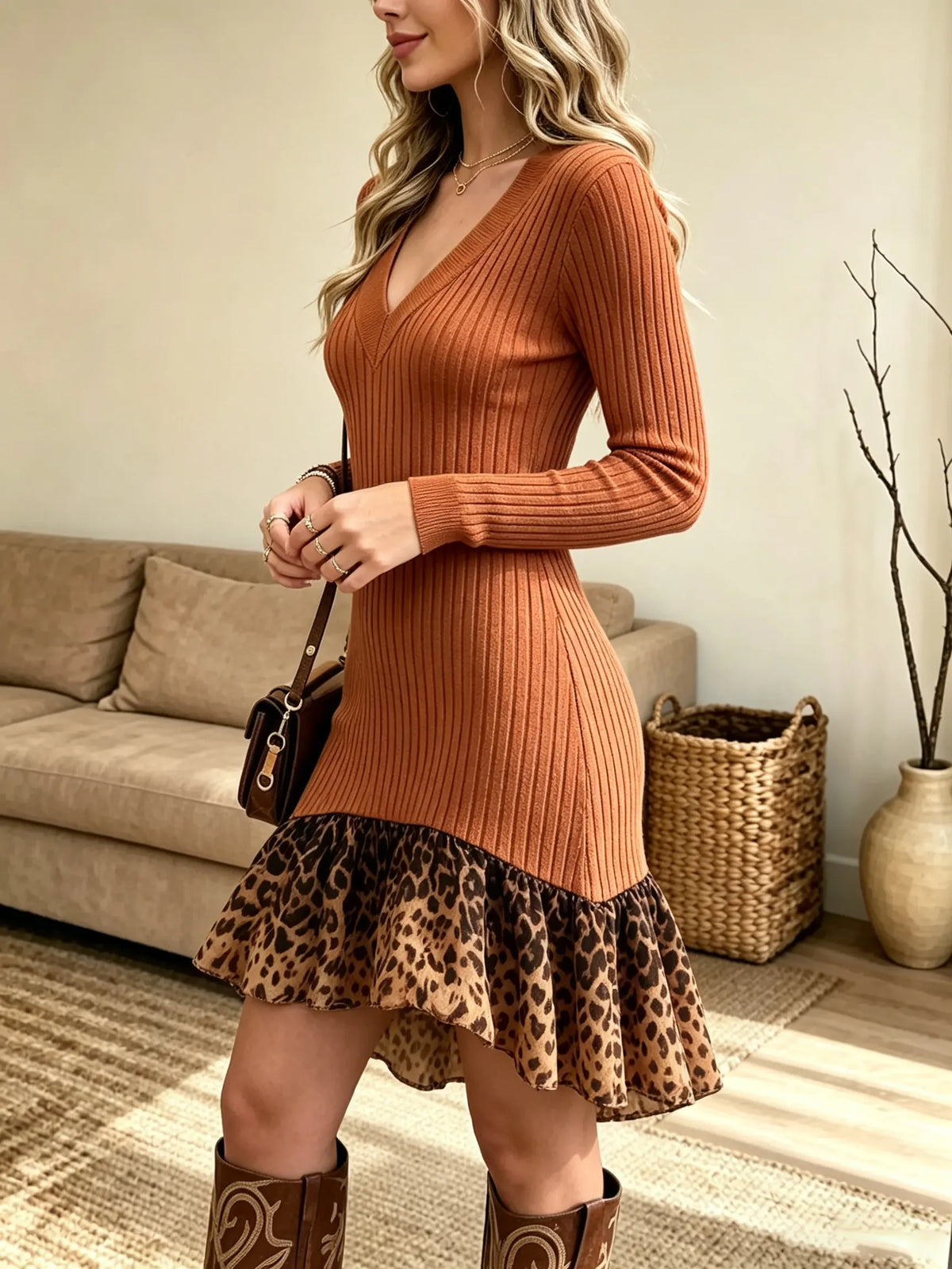 Women's Ribbed V-Neck Leopard Ruffle Dress