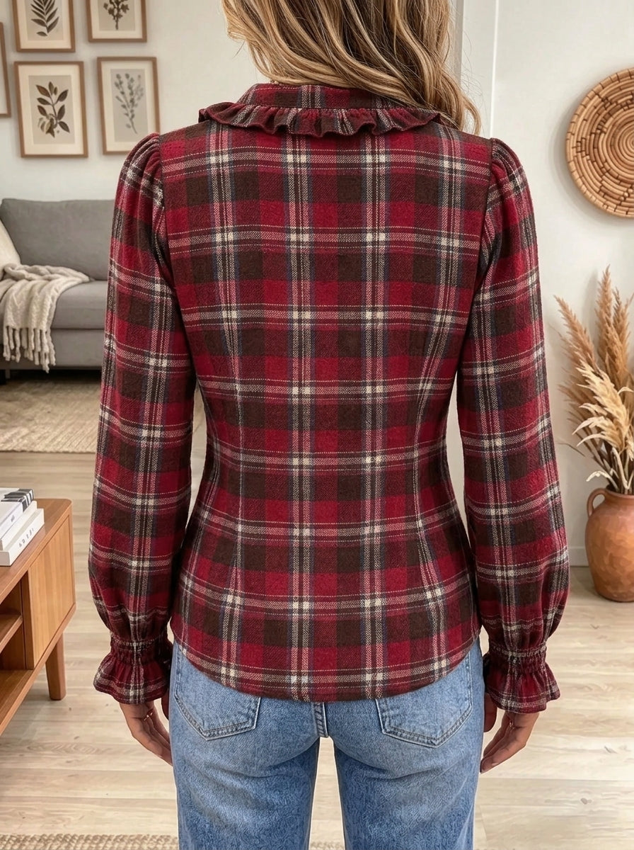 Women's Plaid Ruffle V-Neck Button-Down Blouse