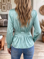 Women's Mint Green Satin V-Neck Pleated Peplum Long Sleeve Blouse