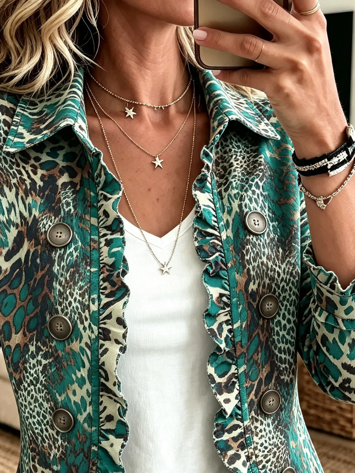 Women's Turquoise Animal Print Ruffle Blazer Jacket