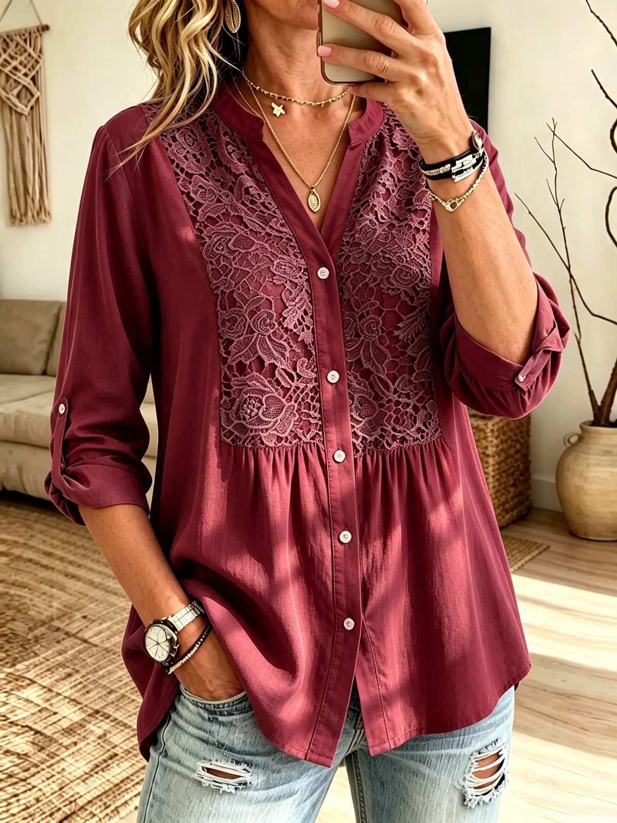 Women's Floral Crochet Lace Panel Blouse