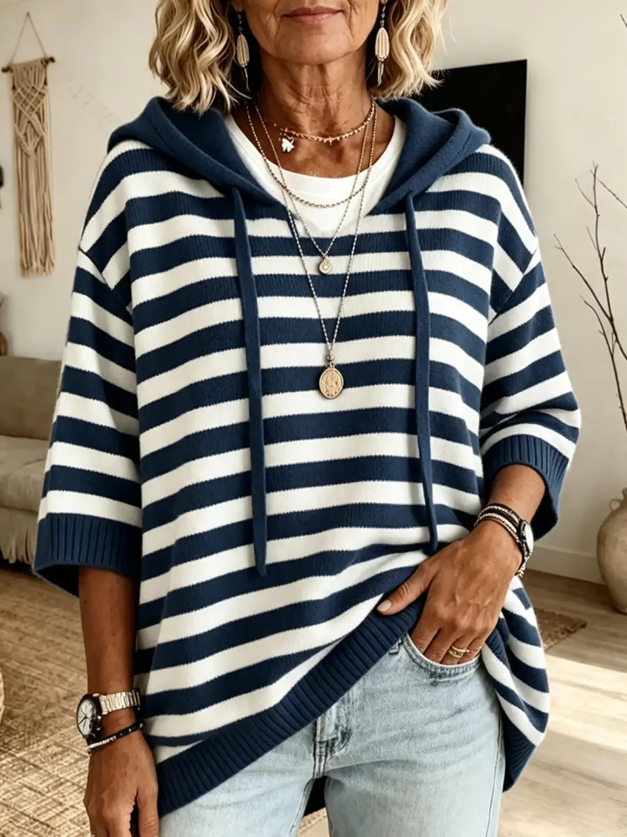Retro Stripe Pattern Art Hooded Casual Stylish Knitted Top