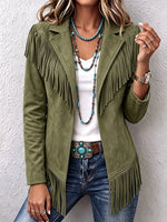 Women Western Faux Suede Fringe Lapel Long Sleeve Jacket