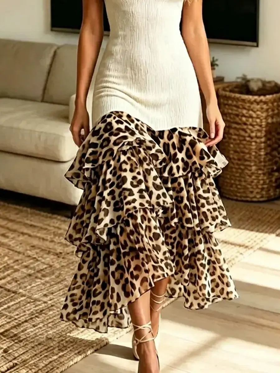 Retro Leopard Pattern Patchwork Art Sleeveless Casual Stylish Knitted Dress