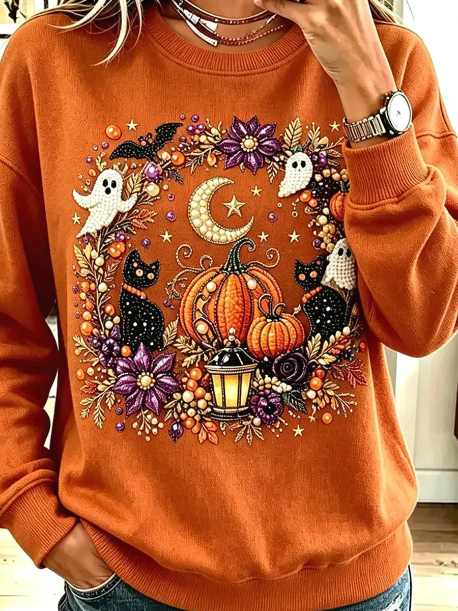 Vintage Halloween Ghost Pattern Art Casual Stylish Long Sleeve Sweatshirt