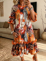 Women Leopard Print Midi Dress Ruffle Short Sleeve Crew Neck Loose Casual Dress With Pockets
