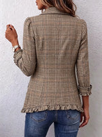 Retro Plaid Pattern Art Print Ruffle Casual Stylish Cotton Lapel Coat