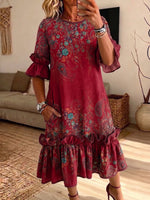 Women Boho Paisley Floral Midi Dress Ruffle 3/4 Sleeve Loose Casual Dress With Pockets