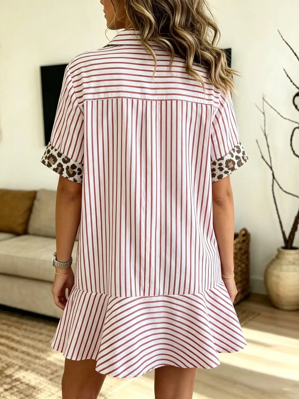 Women's Striped Leopard Pocket Shirt Dress