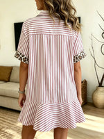 Women's Striped Leopard Pocket Shirt Dress