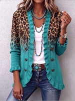 Turquoise Leopard Gradient Ruffle Trim Knit Cardigan