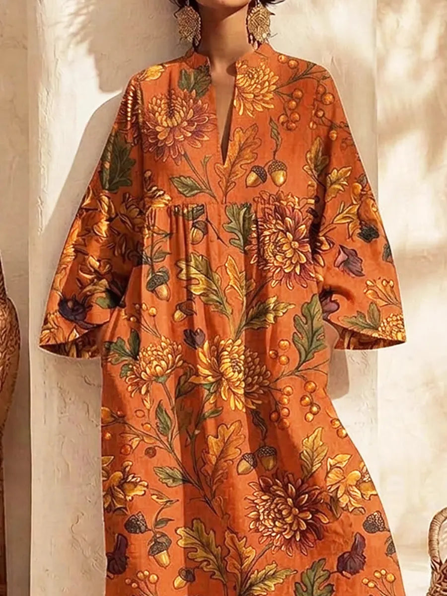 Retro Floral Pattern Art Print Casual V-neck Cotton Linen Maxi Dress
