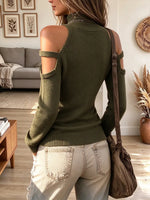 Women Mock Neck Cold Shoulder Knit Top