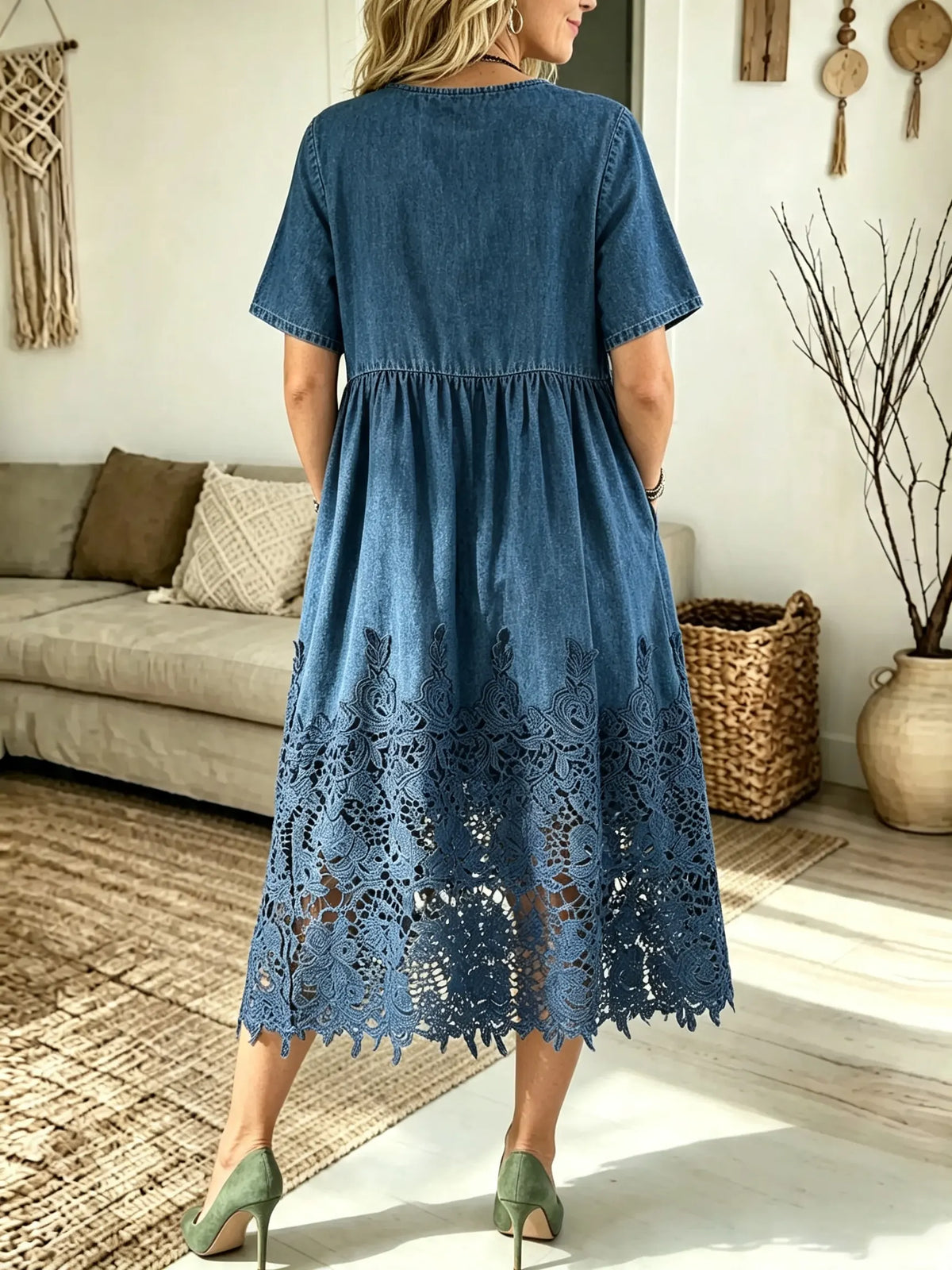 Women's Crochet Hem Short Sleeve Denim Dress