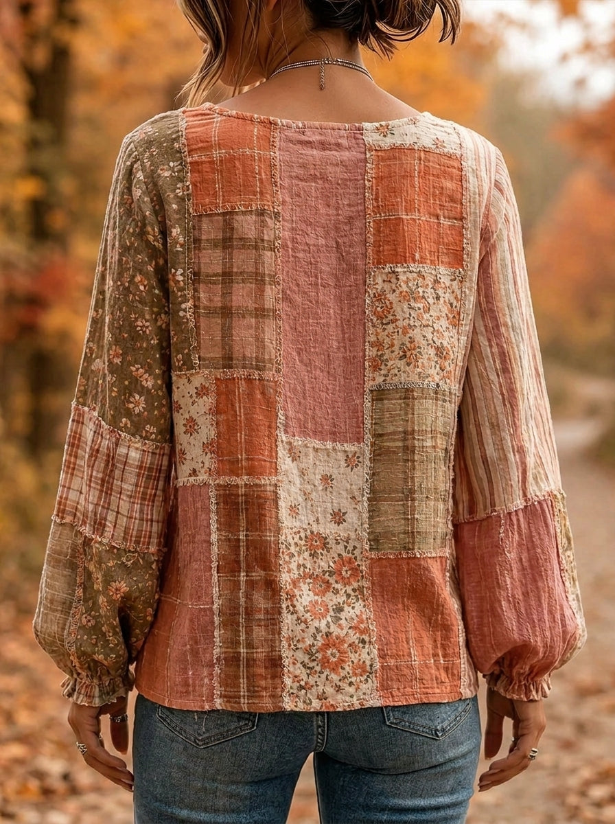 Women's Raw Edge Floral Plaid Patchwork Top