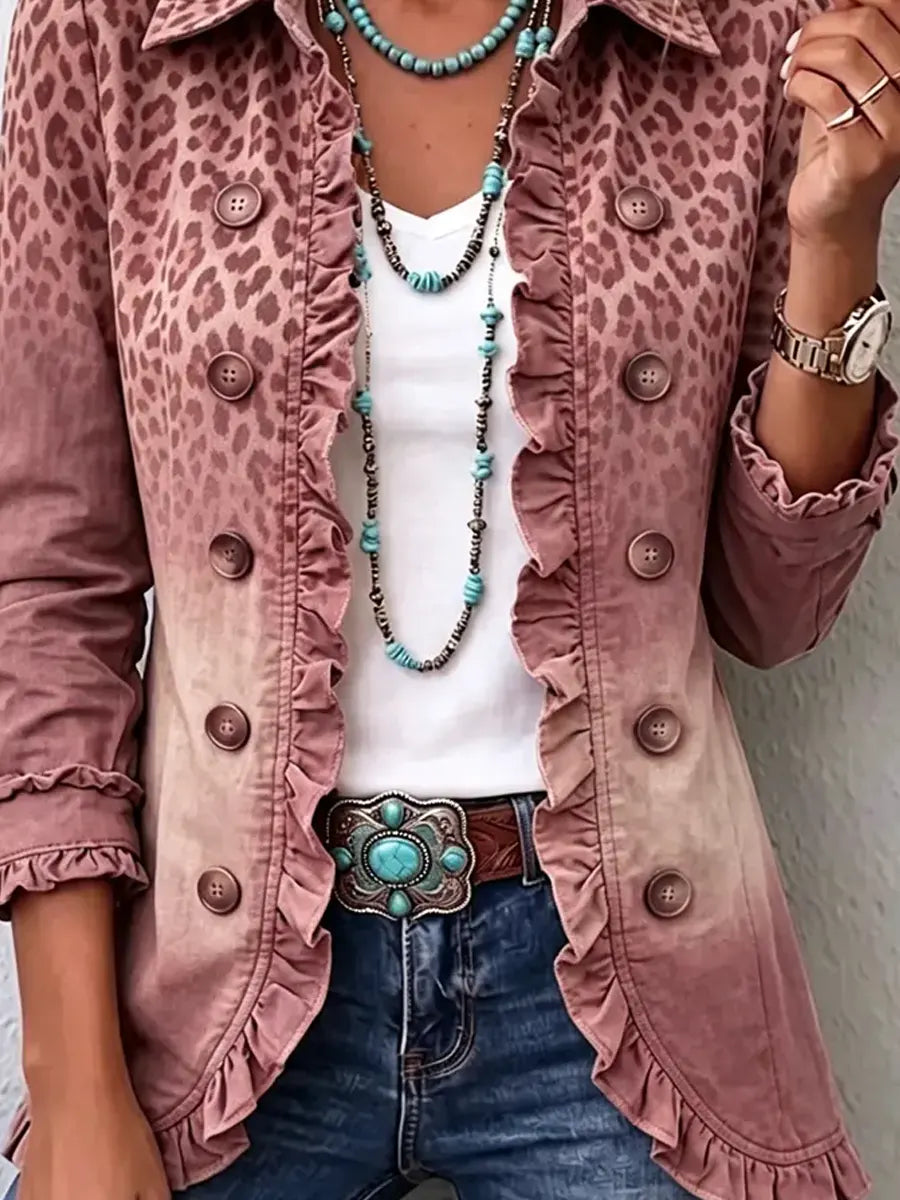 Retro Leopard Pattern Art Print Ruffle Casual Stylish Cotton Lapel Coat