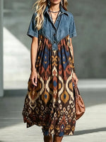 Retro Ethnic Pattern Art Print Casual Stylish Lapel Denim Patchwork Dress