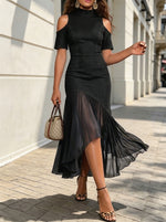 Women Color Block Pleated Midi Dress V‑Neck Layered Ruffle 3/4 Sleeve Flowy Chiffon Dress