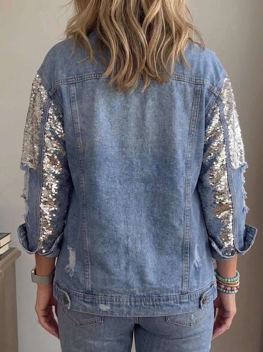 Women Ripped Denim Jacket Silver Sequin Patch Long Sleeve Casual Party Outerwear With Pockets