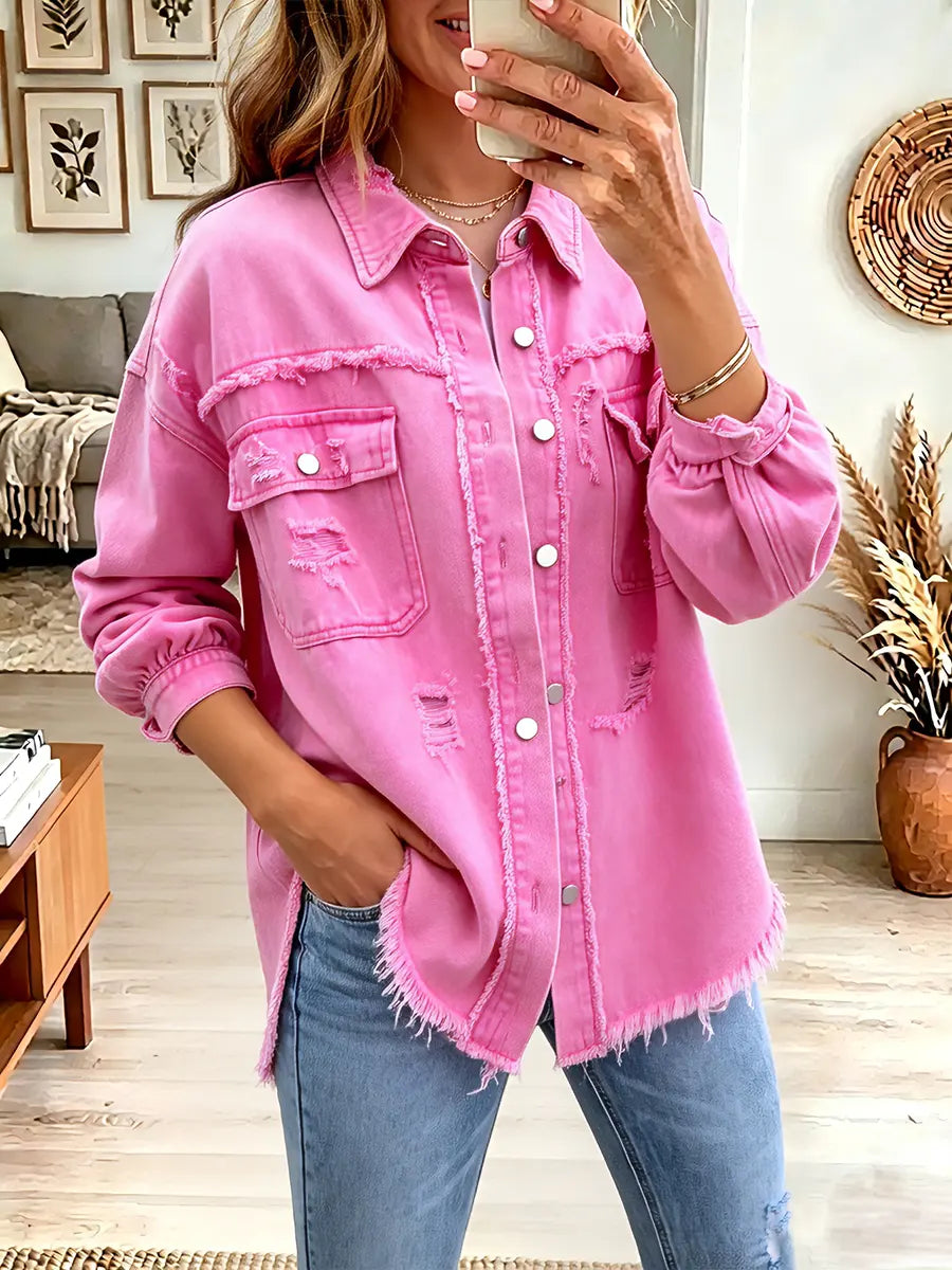 Vintage Elegant Denim Ripped Frayed Shirt Jacket