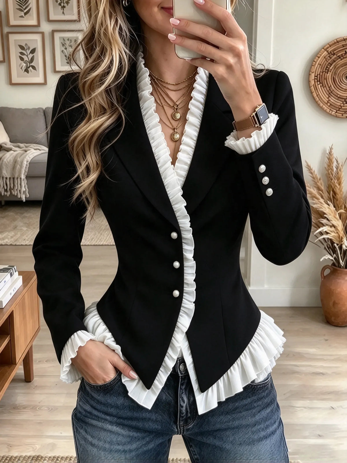 Women's Ruffle Trim Pearl Button Blazer