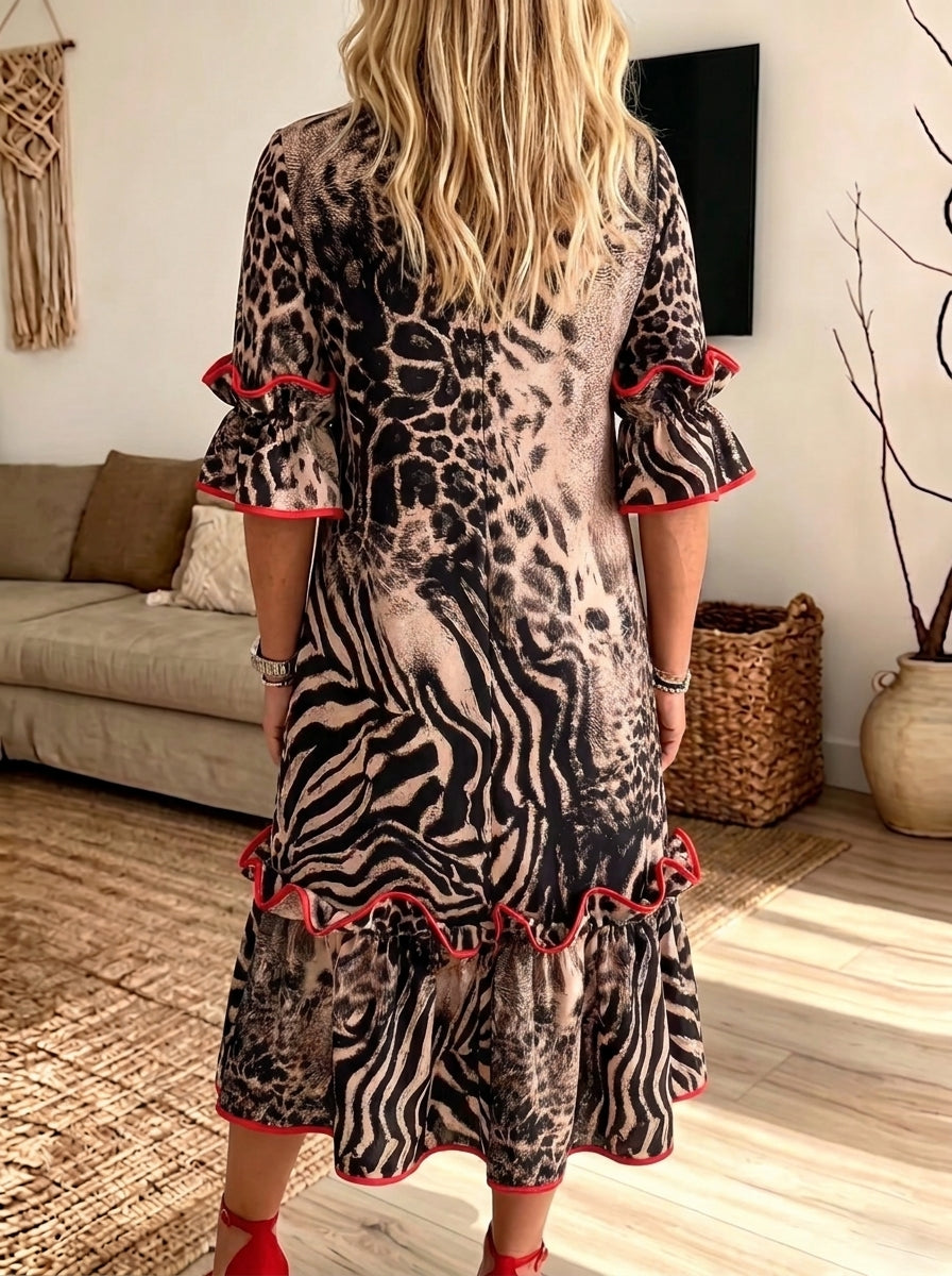 Women Leopard Zebra Mixed Print Midi Dress Red Ruffle Trim Short Sleeve Casual Dress