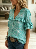 Women's Floral Ruffle Denim Blouse