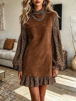 Vintage Elegant Suede Patchwork Leopard Dress