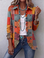 Color Block Pattern Art Print Ruffle Casual Stylish Cotton Lapel Coat
