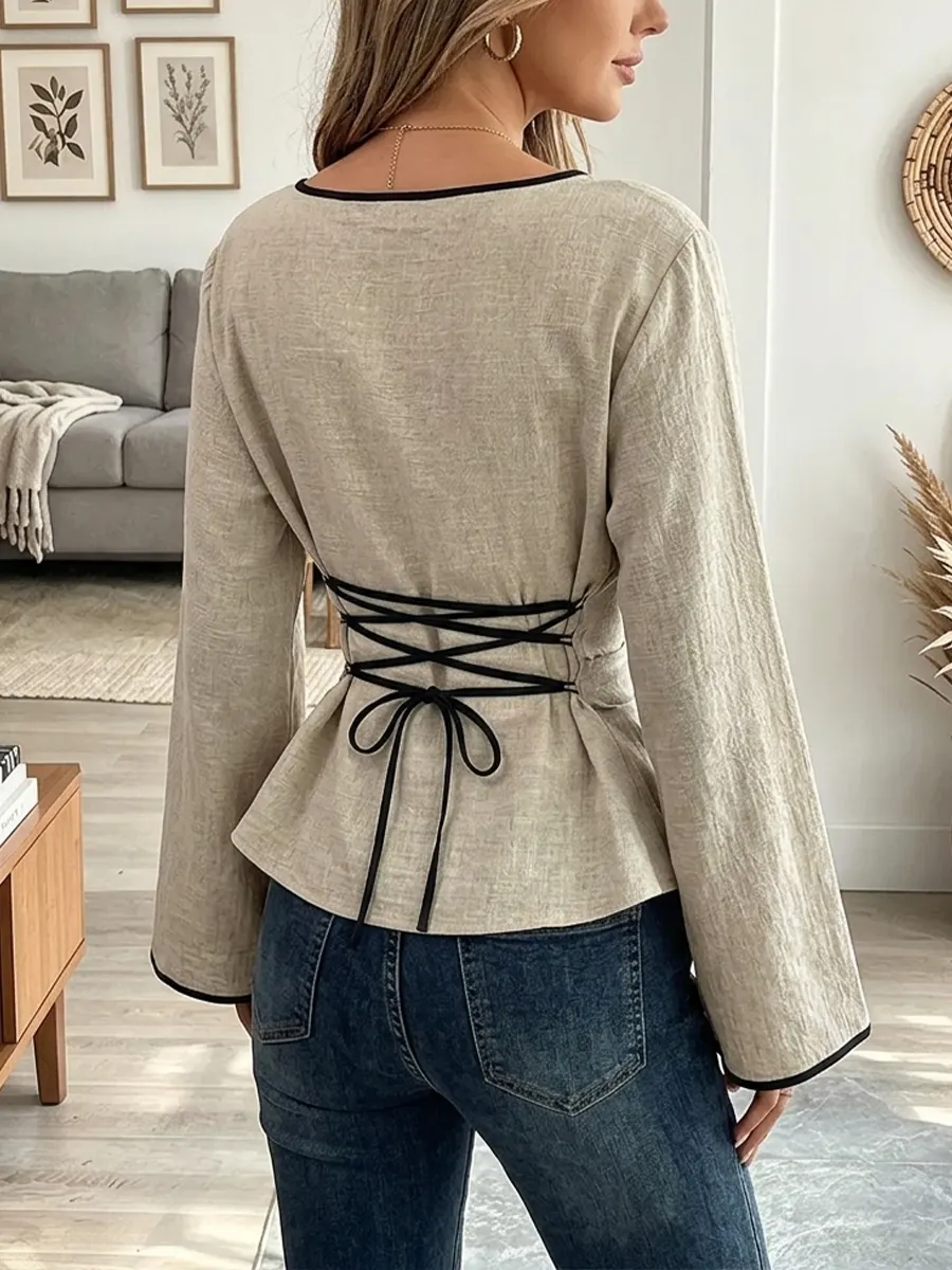 Vintage Elegant Flared Sleeves Boat Neck Fitted Waist Shirt