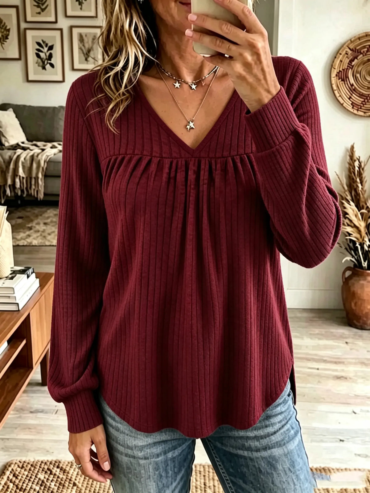 Women's Gathered Empire Waist V-Neck Knit Top