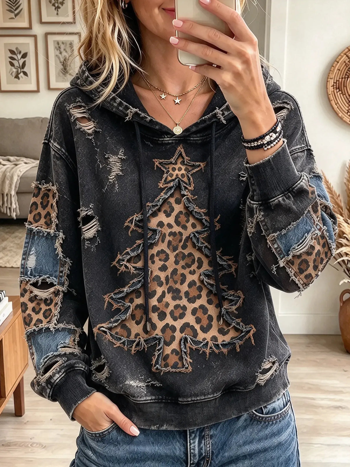 Women's Distressed Leopard Christmas Tree Print Hoodie