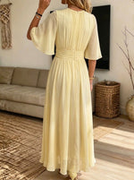 Women Pleated Waist Flare Sleeve Chiffon Maxi Dress With Pockets