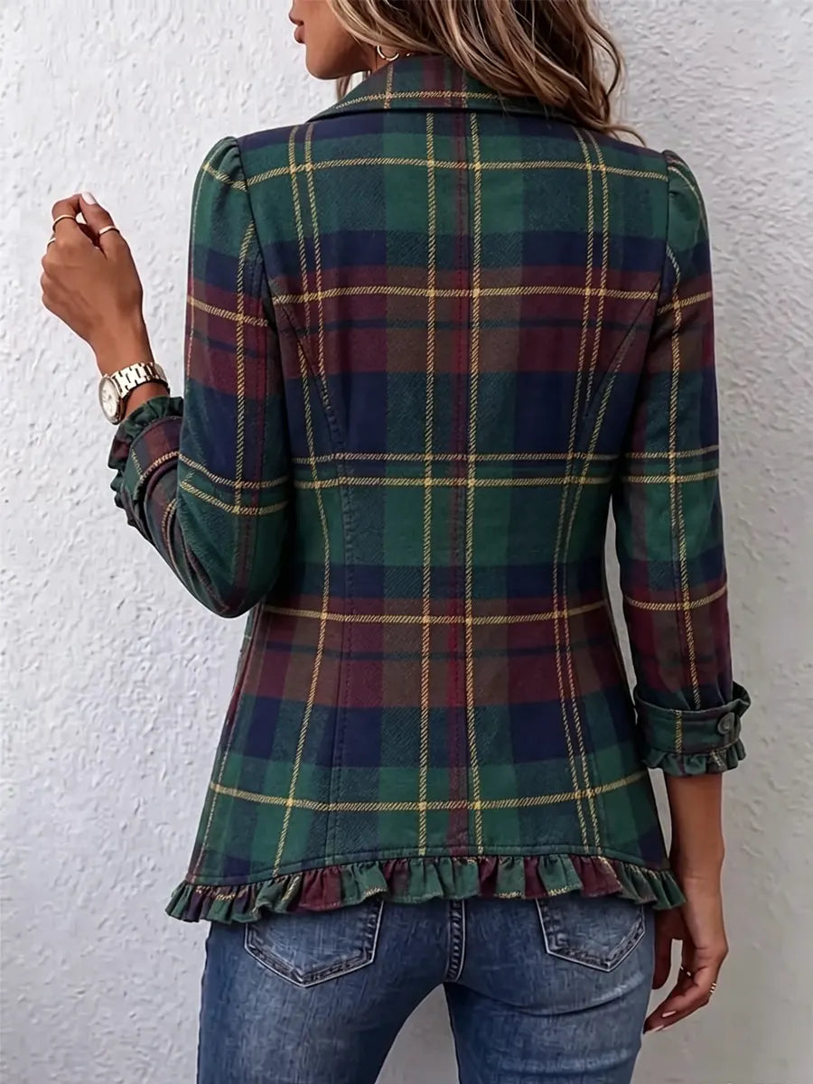 Retro Plaid Pattern Art Print Ruffle Casual Stylish Cotton Lapel Coat
