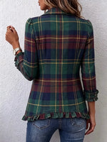 Retro Plaid Pattern Art Print Ruffle Casual Stylish Cotton Lapel Coat