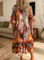 Women Leopard Print Midi Dress Ruffle Short Sleeve Crew Neck Loose Casual Dress With Pockets