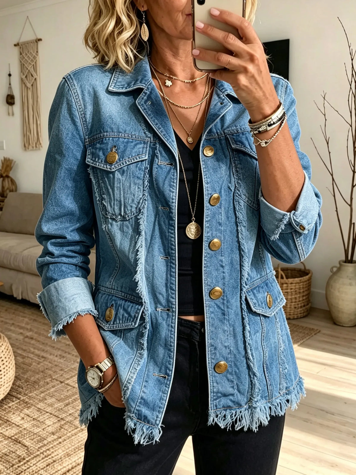Women's Frayed Raw Hem Double-Breasted Denim Blazer