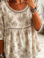 Retro Floral Pattern Art Print Casual Hollow Short Sleeve Cotton Linen Shirt