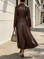 Women Faux Leather Midi Dress Collar Full Zip Long Sleeve Waist‑Tucked Dress With Pockets