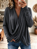 Draped Wrap Cross Front Knit Long Sleeve Top